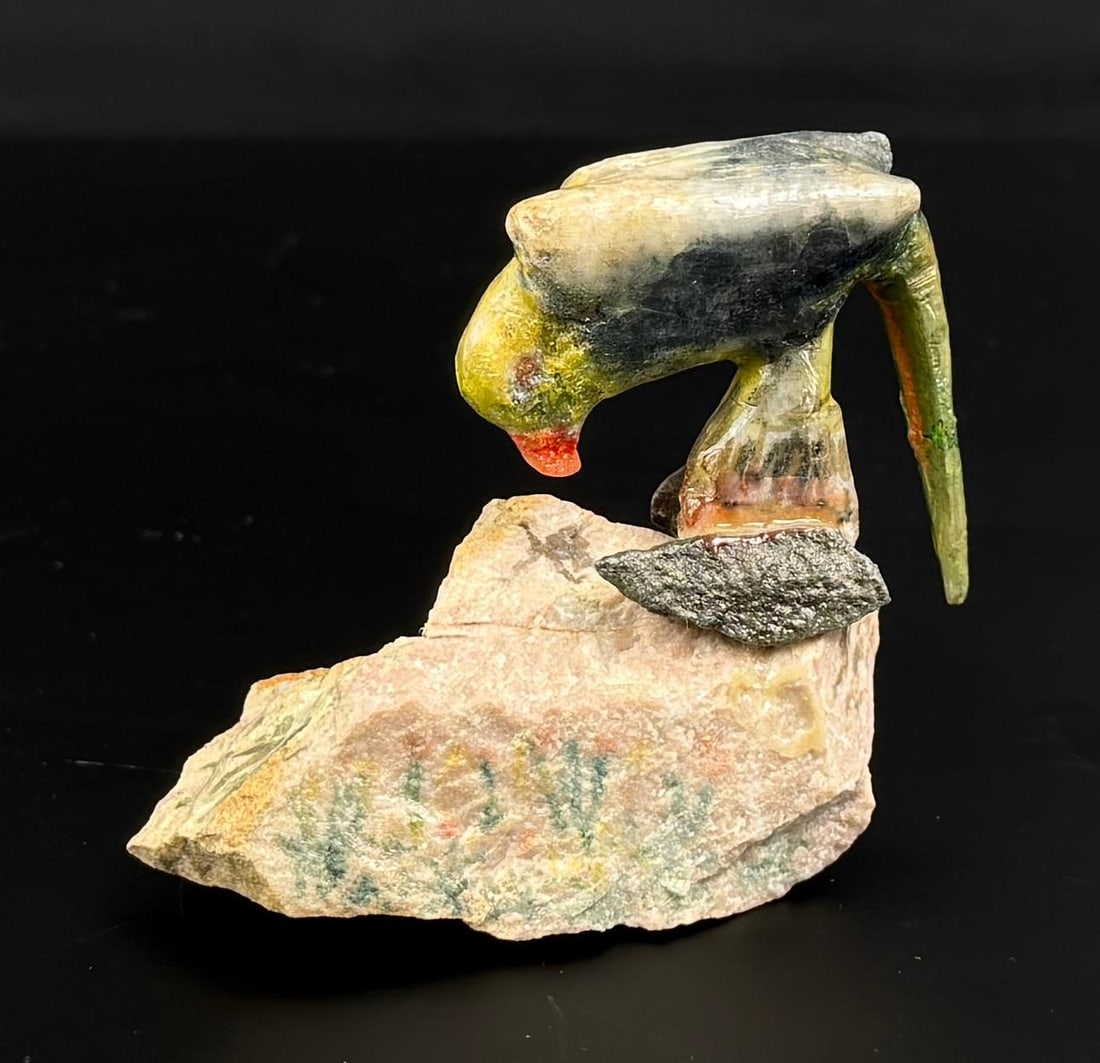 Signed Parakeet Bird Soapstone Carving: 2 3/8" by 3" by 3 1/2". Dated 1977. Signed on underside as shown.