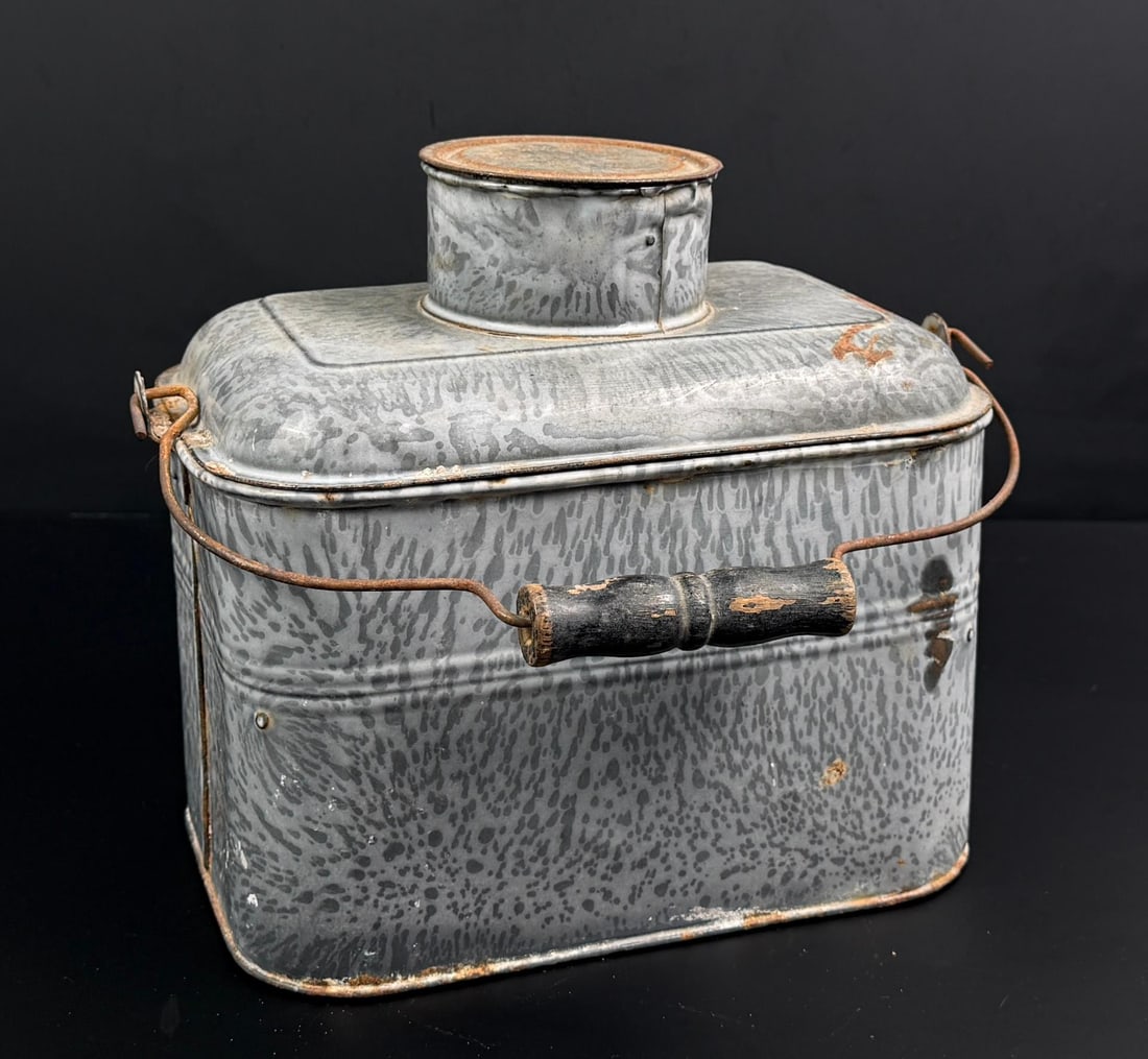 Butte Montana Graniteware Miners Lunch Box Pail: Complete with cup, though there is significant rust inside the body of the box.