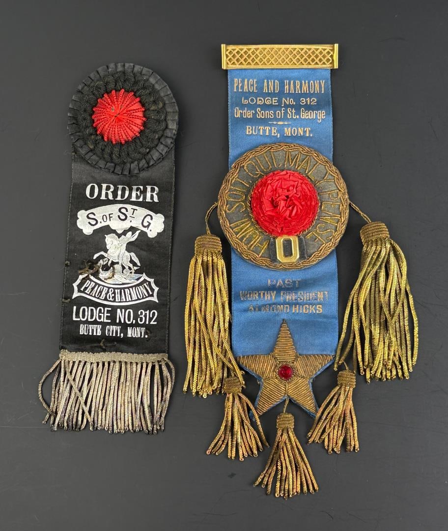 Butte Montana Sons of St. George Ribbons: Ribbons are of Order Sons of St. George, Peace and Harmony lodge #312 from pre-statehood territory days of Montana.