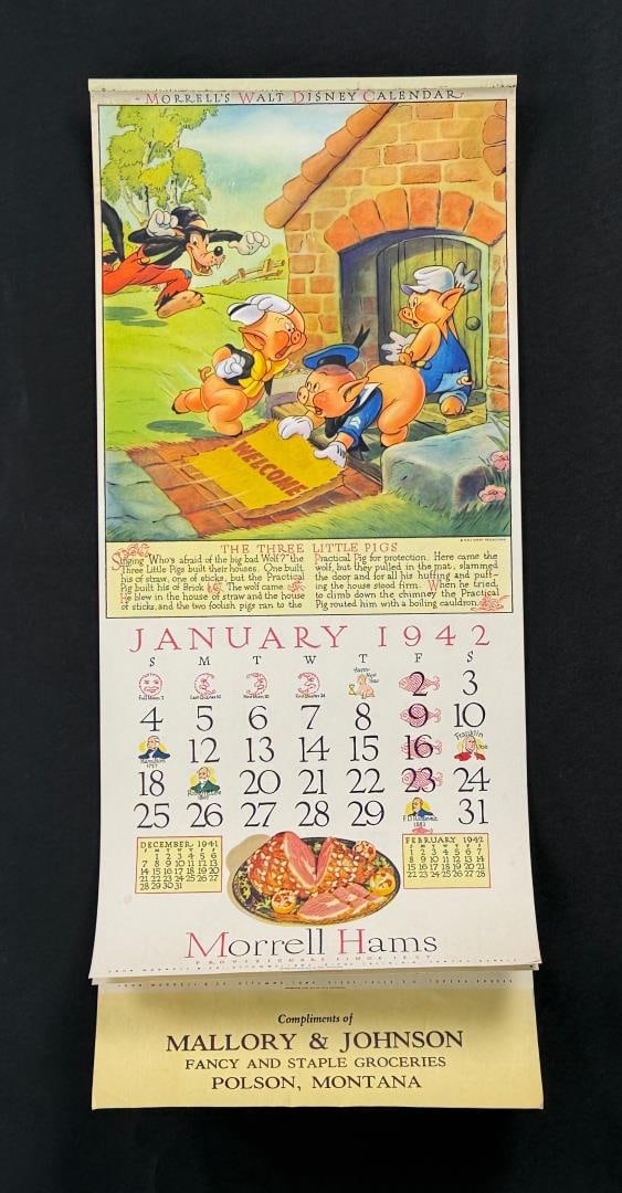 1942 Polson Montana Morrell's Walt Disney Calendar: Advertisement for Mallory & Johnson Groceries from Polson, Montana. Measures 8 1/2" by 20".