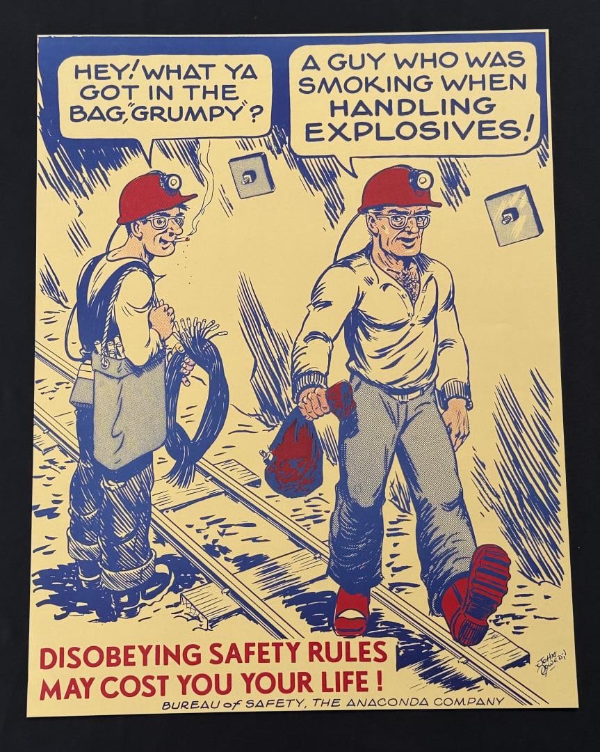 Anaconda Copper Butte Montana Safety Poster: John J. Powers was a Butte Miner and well known cartoonist who created safety posters for the Bureau of Safety, Anaconda Copper Mining Company. 17" by 22".