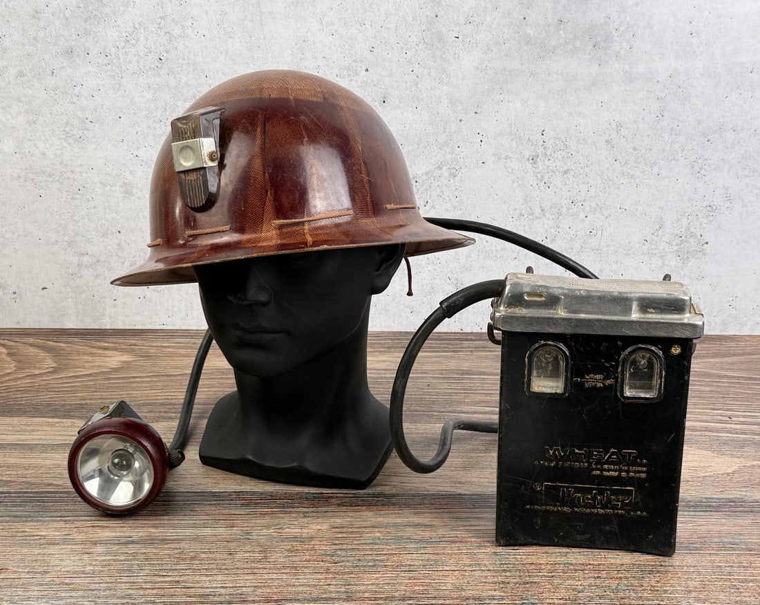 Butte Montana MSA Mining Hard Hat Helmet: Mining Safety Appliance Company Skullgard Type K and untested Koehler Wheat electrical cap lamp.