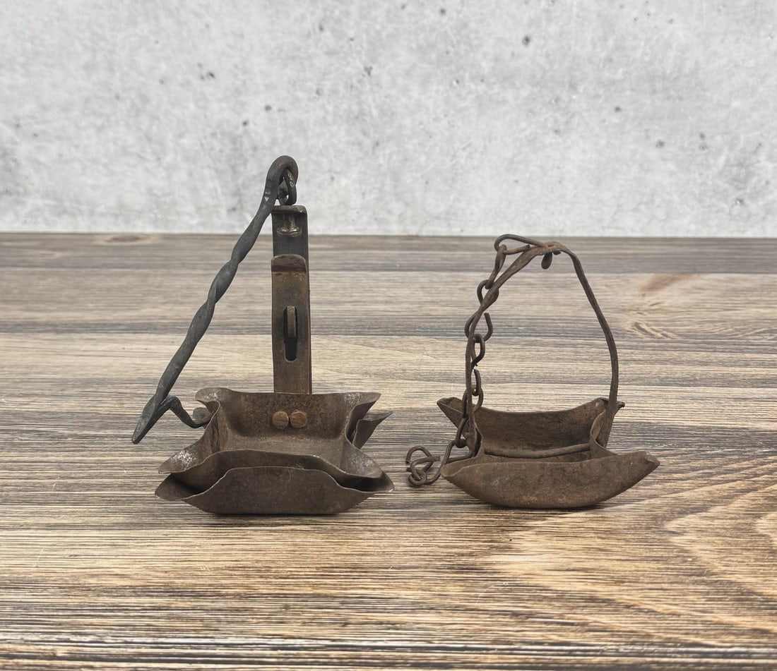 Primitive Betty Phoebe Iron Grease Lamps: Largest is 3 3/8" by 4 7/8" by 5 3/8".