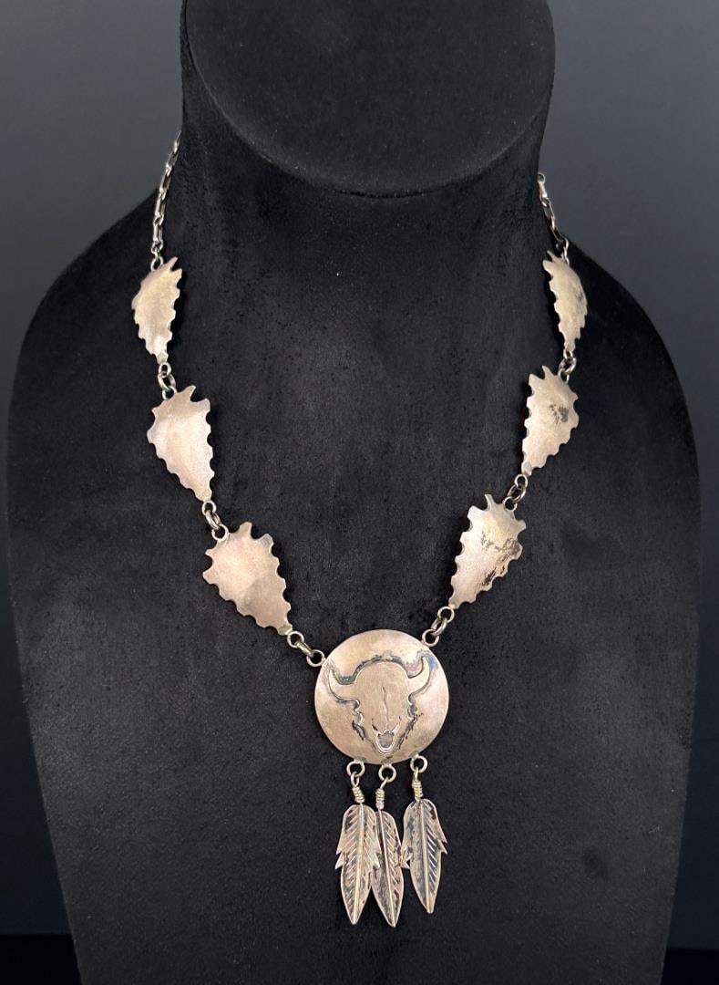 Boyd Sterling Silver Buffalo Skull Necklace: 42.71 grams. 12 3/8" long as displayed.