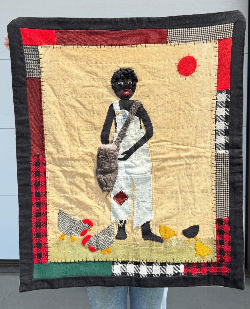 Folk Art Cotton Picker Black Americana Quilt: 29" by 34".