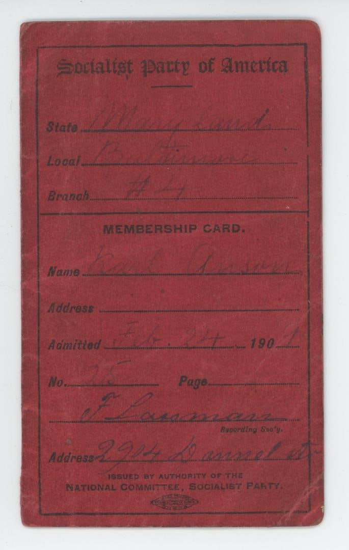 1909 Socialist Party of America Membership Card: From a member in Baltimore, Maryland.