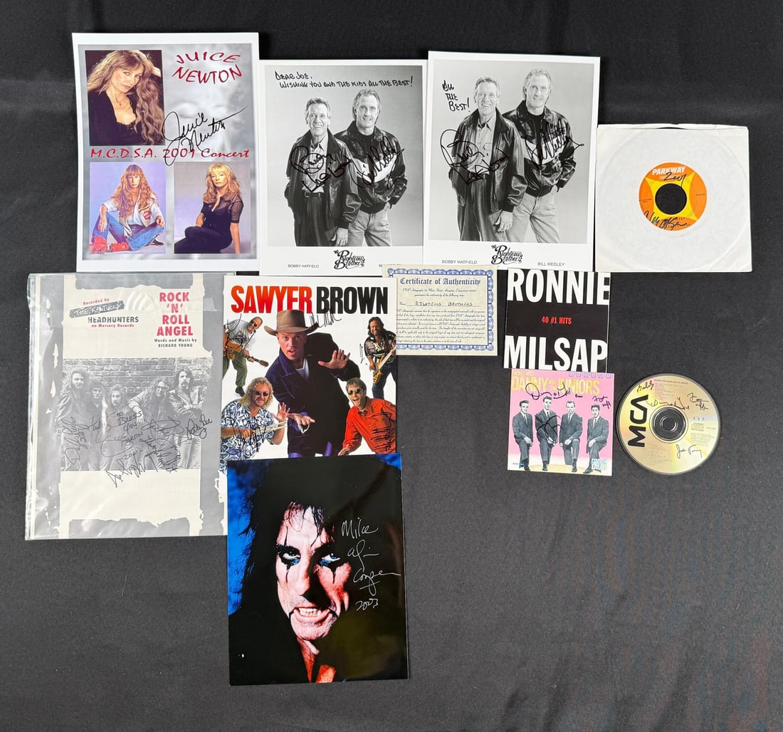 Group of Musician Autographs Signatures: Signatures include Alice Cooper, Sawyer Brown, Members of the Righteous Brothers and more.