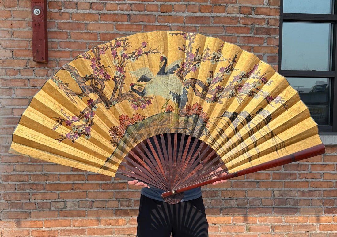 Japanese Painted Fan: 34 1/2" long. Closed.