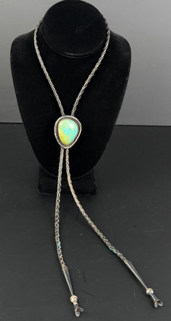 Navajo Sterling Silver Turquoise Bolo Tie: 24.44 grams. 19 5/8" long.