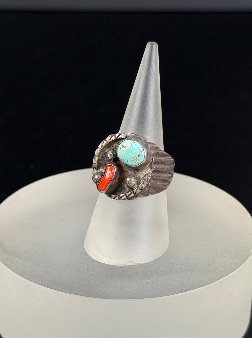 Navajo Sterling Silver Turquoise Coral Ring: 20.18 grams, Size 10 3/4.
