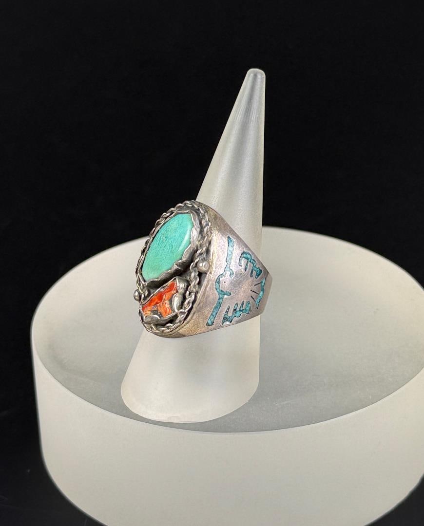 Navajo Sterling Silver Turquoise Coral T Bird Ring: Thunderbird chip inlay on sides. 13.34 grams, size 11 1/4.