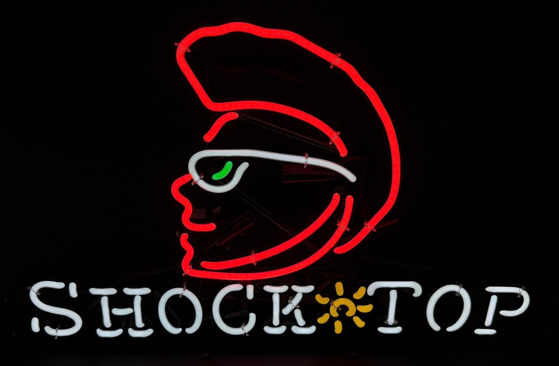 Shock Top Belgian Beer Neon Bar Sign: Working, made by Enhance, 8" deep by 20" by 28 3/8" tall.