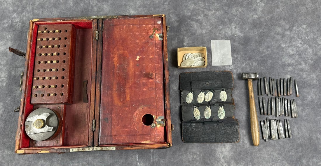 Antique Dog Tag ID Tag Stamping Kit: Nice example with tag examples. Kit carry case is 5" by 8" by 15 3/4".