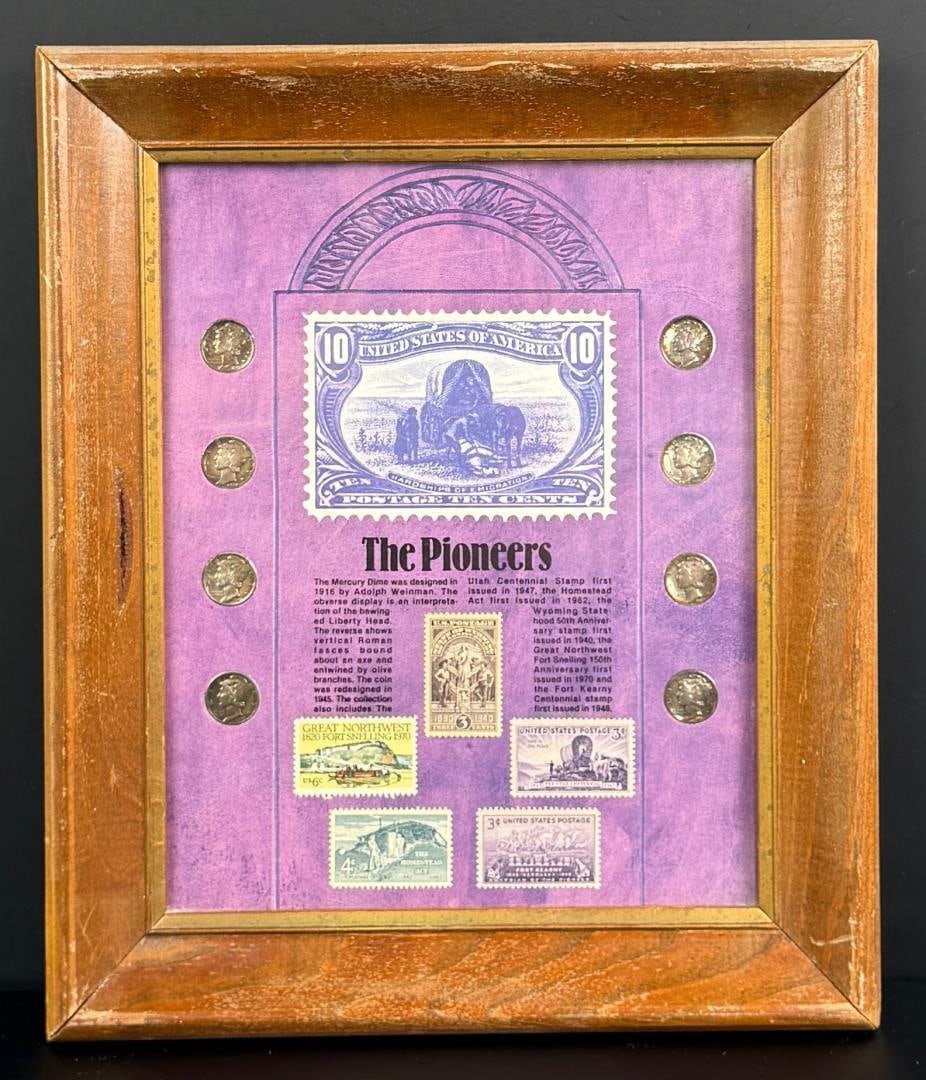 Pioneers Mercury Dimes and Transport Stamp: 10 3/8" by 12 1/4" framed. 8 dimes total.