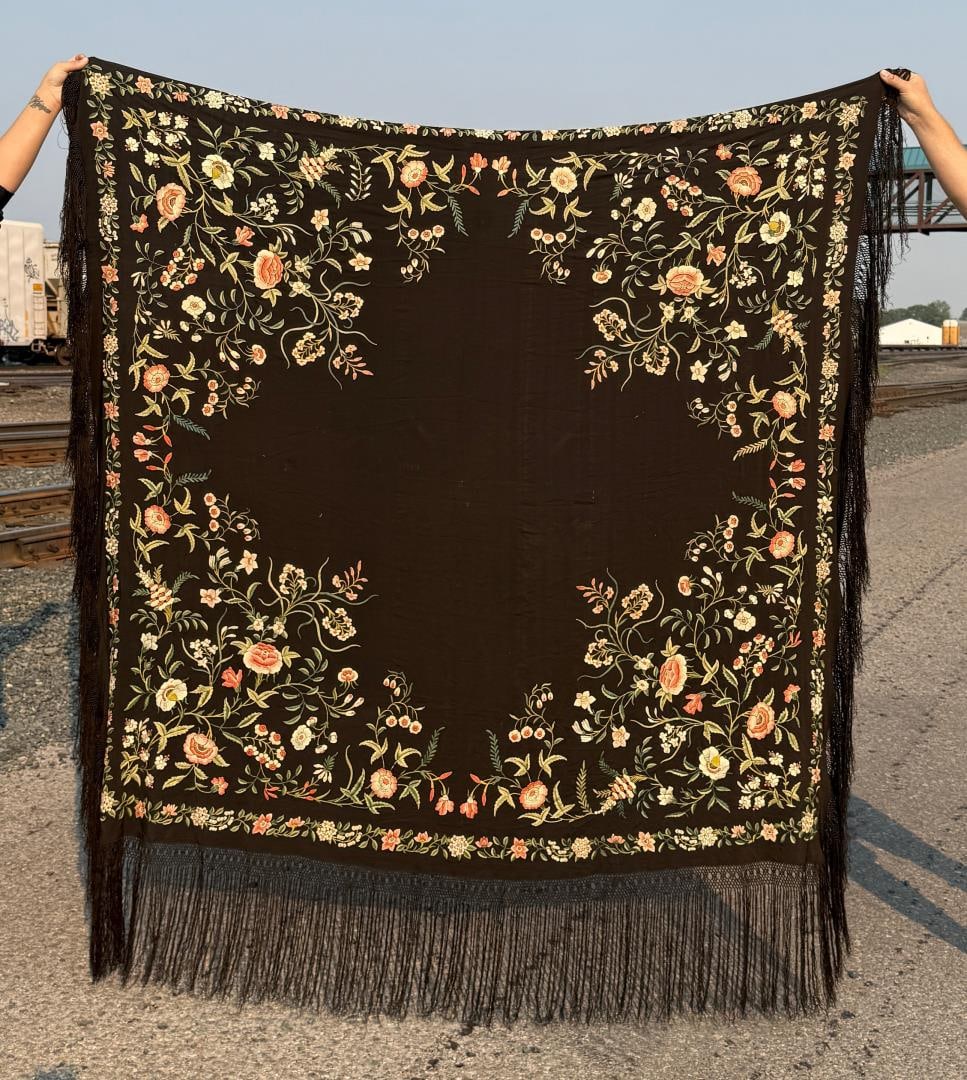 Antique Chinese Embroidered Silk Piano Shawl: 66" by 65" without fringe. Wear as shown.