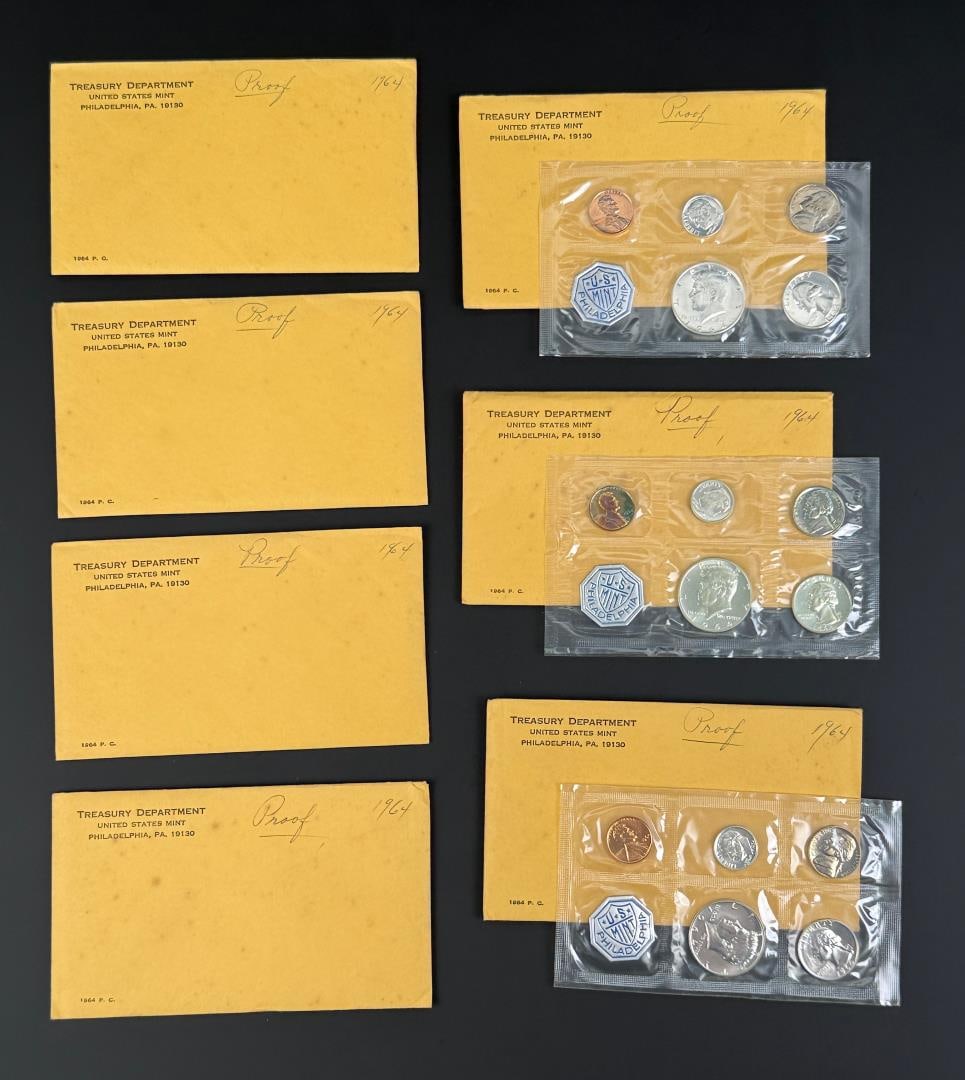 Collection of 1964 US Silver Proof Set Coin Sets: Group of 7, 4 are sealed. Lot requires payment via non credit card only.