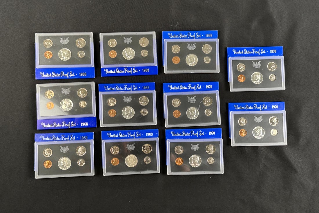 Collection of US 1960s Proof Coin Sets: Containing 40% silver Half Dollars. 11 sets total.