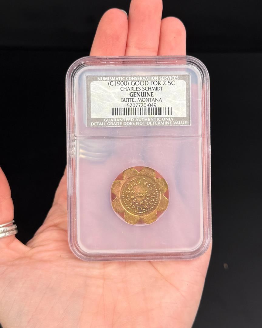 Charles Schmidt Butte Montana Trade Token: 2 So. Main. Good for 2 1/2c. in trade.