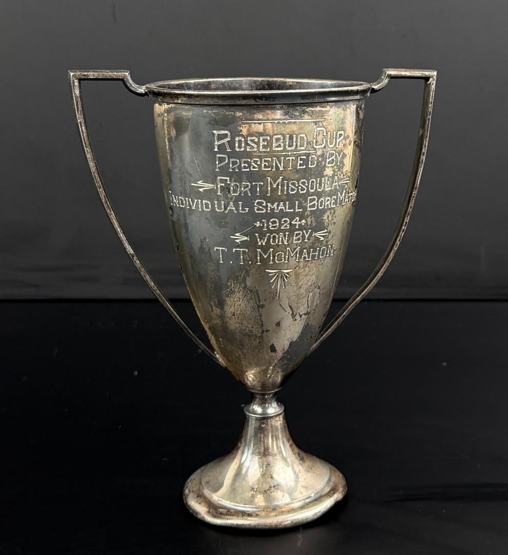 Fort Missoula Montana Rosebud Cup Trophy: 1924 Fort Missoula, Montana awarded to T.T. McMahon. Silver plate.