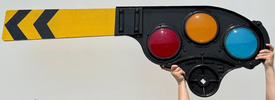 Railroad Semaphore T2 Signal Arm: 1" by 22" by 65". Glass inserts were made by Corning Glass Works, USA.