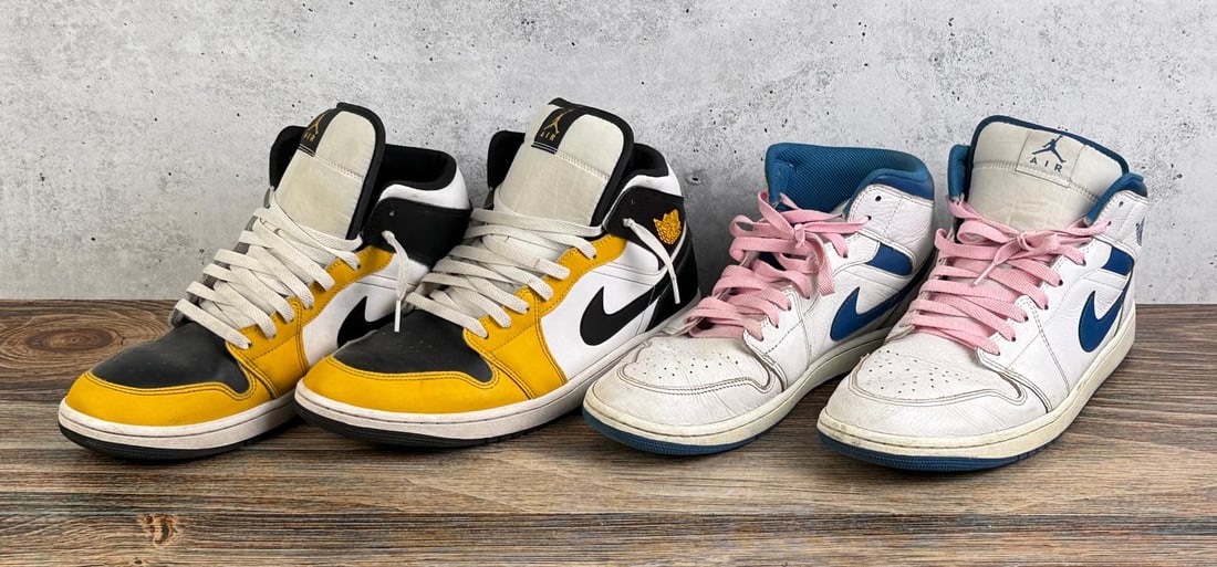 Collection of Nike Air Jordan 1 Mids: Includes the University Gold 8426-701 colorway and the blue and white model 5215-141.