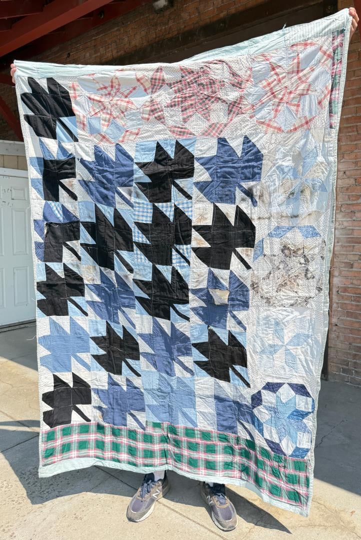 1940s Memory Quilt: 54" by 82 1/2" long. Small sections in center of quilt have tears.