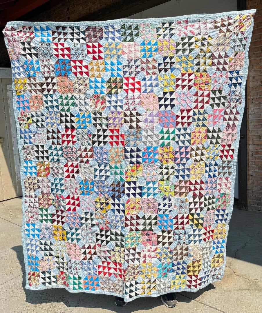 1930s Pinwheel Broken Dishes Quilt: 70 1/4" by 80" long.