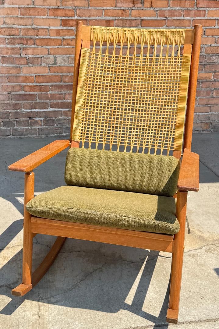 Hans Olsen Dux 532A Teak Rocking Chair: 23 1/2" wide, 35" front to back, 40 1/2" tall. Small tear in seat cushion.