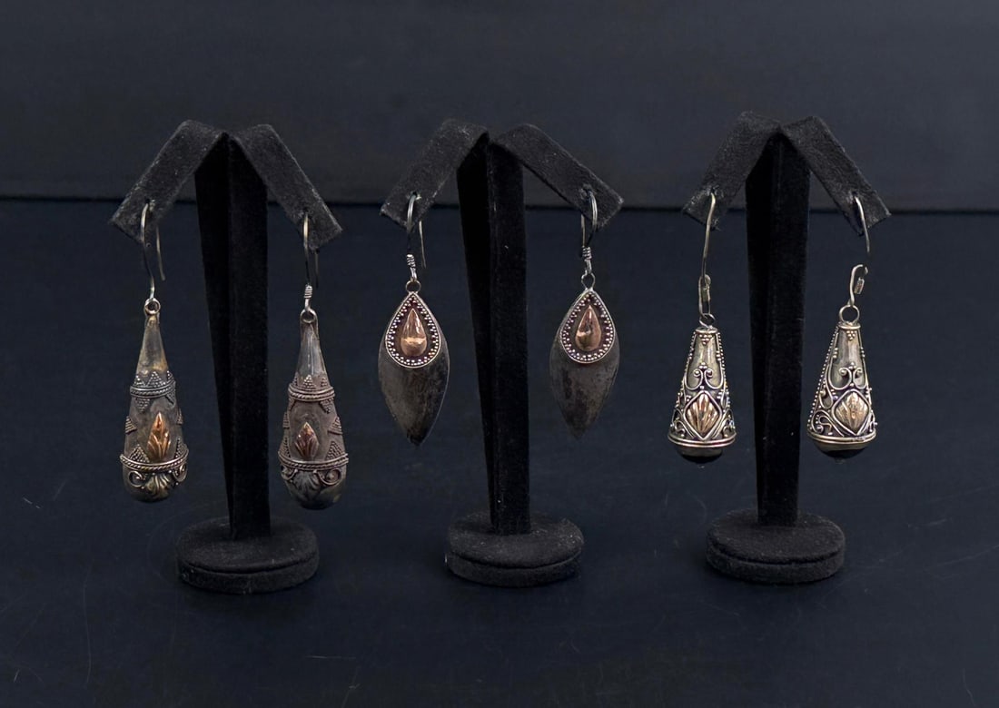 Yemenite Gold and Sterling Silver Earrings: Group of 3, 16.43 grams.