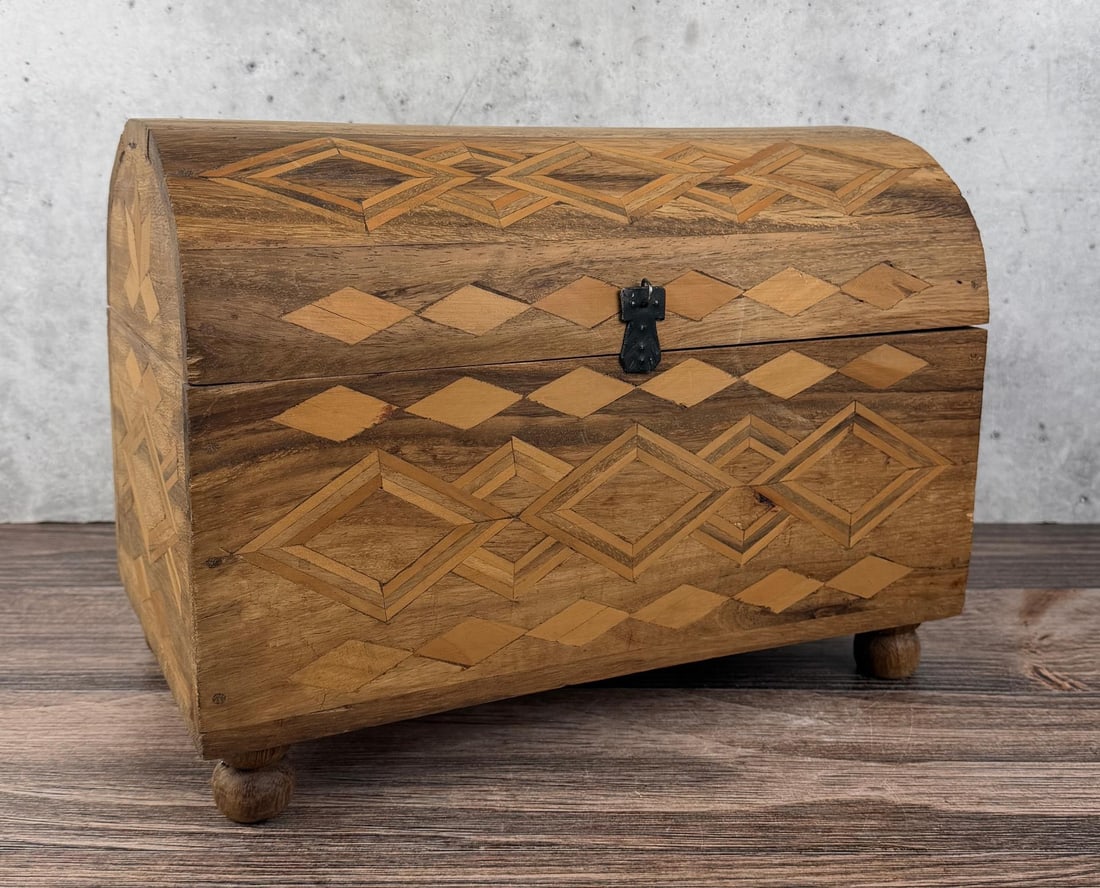 Geometric Wood Inlaid Box Treasure Chest: Custom made. 16 1/4" by 11 5/8" by 10 3/8".