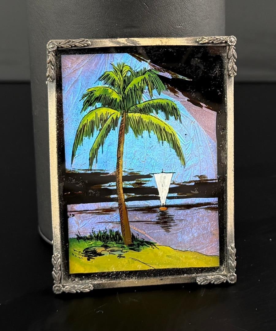 Morpho Butterfly Wing Tropical Island: 2 7/8" by 3 7/8" framed.