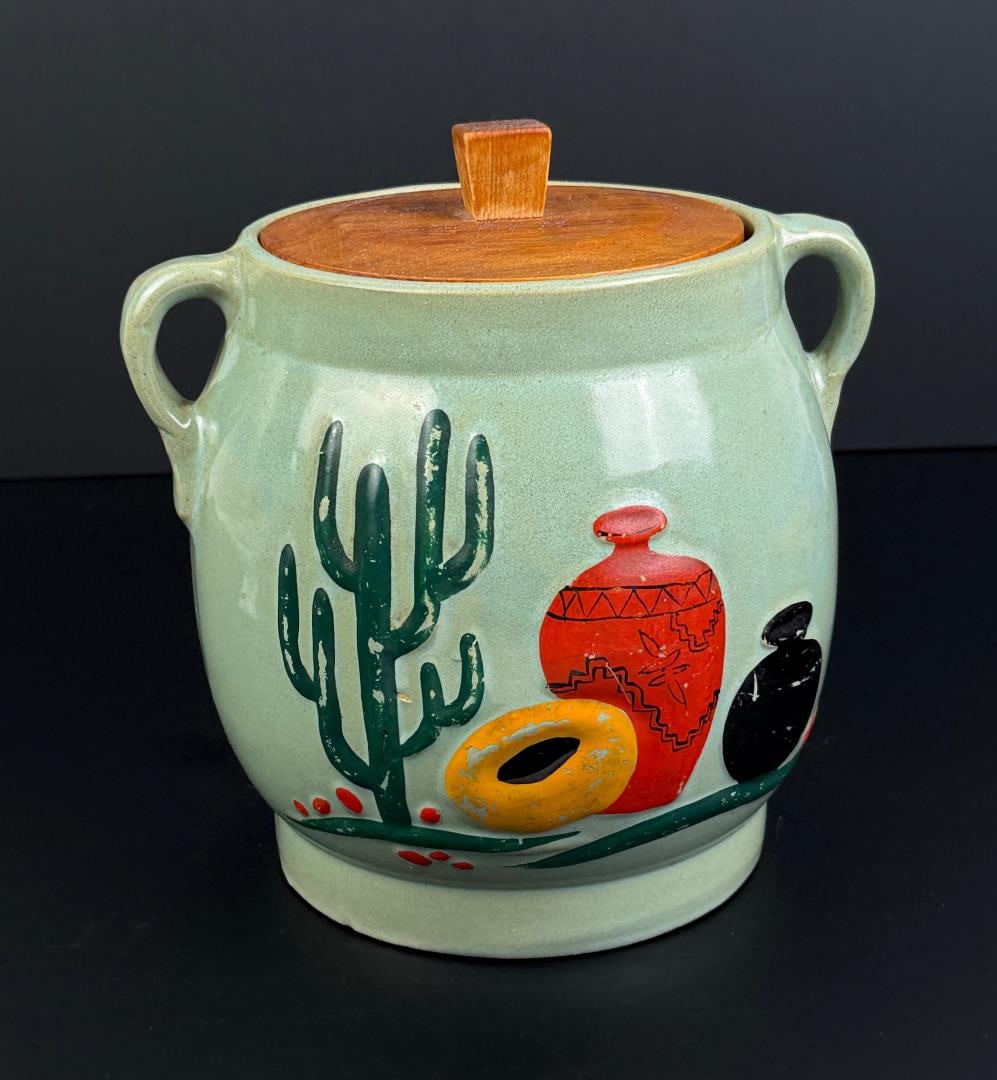 Southwestern Desert Cactus Cookie Jar: 7 7/8" by 7 7/8" by 8 7/8".