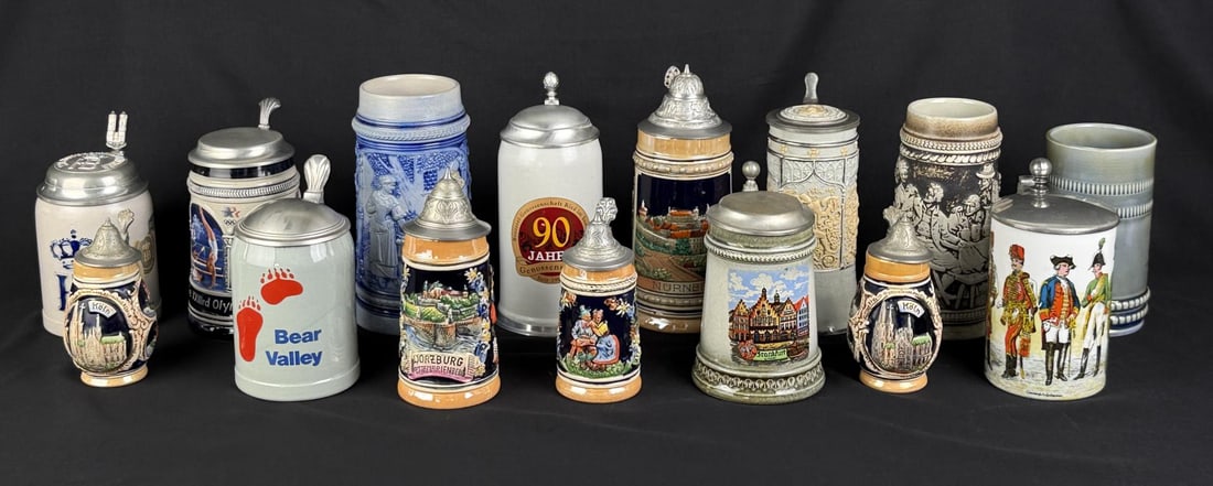 Collection of Assorted Beer Steins: Nice grouping, 15 total. Largest is 8" Tall.