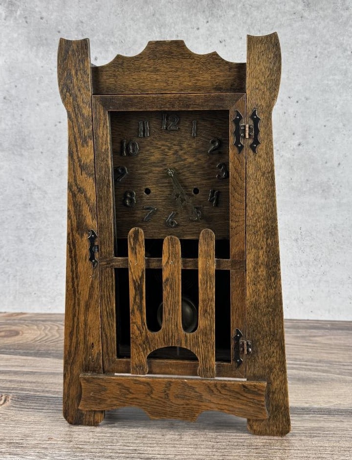 Arts & Crafts Gilbert Anita Mission Oak Clock: Runs but stops, chimes. 20 1/2" by 12 1/2" by 4 1/2"