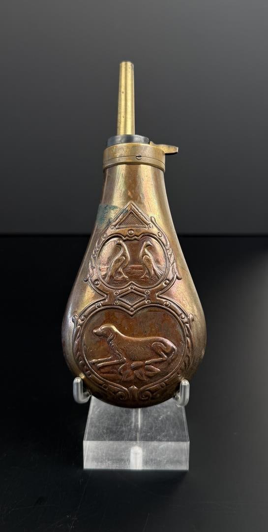 Copper and Brass Hunting Powder Flask: Made in Italy. 6 3/4" long.