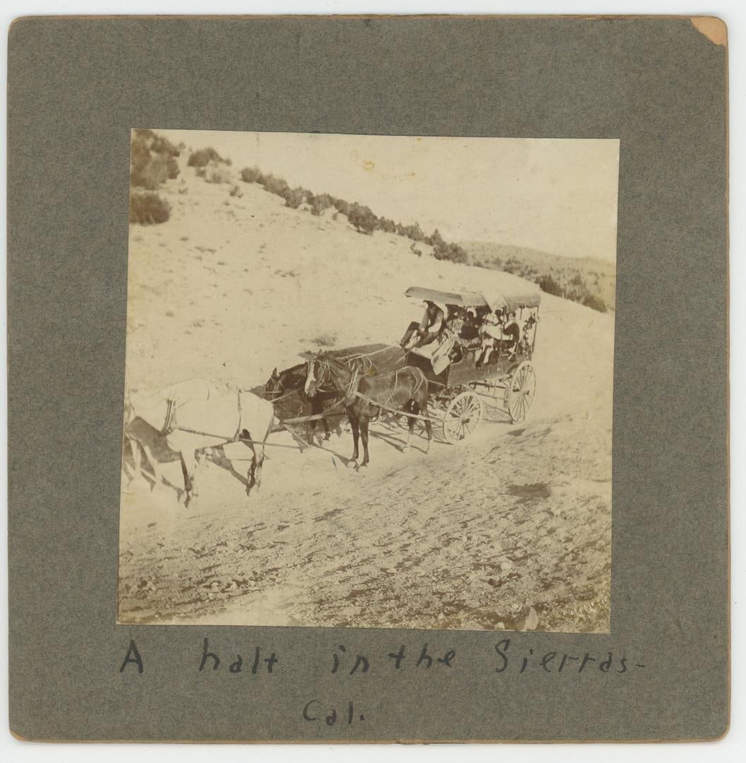 Sierra Nevada California Mountains Cabinet Photo: Title is A Halt in the Sierras. 5" by 5"