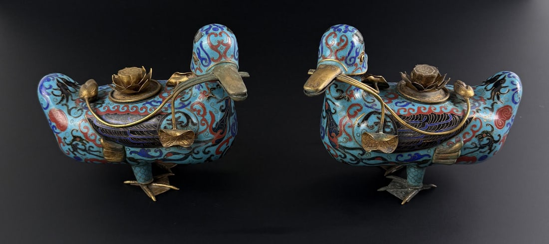 Chinese Cloisonne Enamel Duck Form Censers: 7 1/2" by 5 3/4" by 3 1/2".