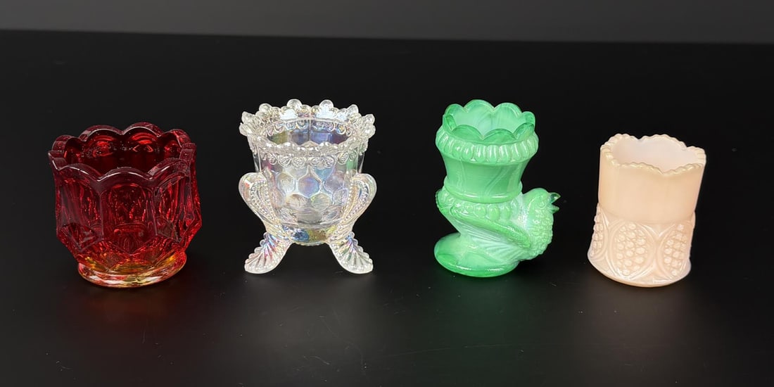 Uranium Glass Toothpick Holders: Largest is 2 7/8" by 1 7/8" by 1 7/8". Only one is uranium glass.