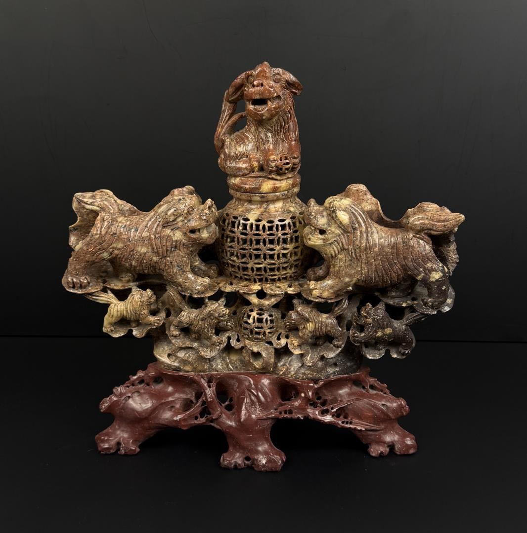 Chinese Soapstone Censer Incense Burner: 12" by 11 3/4" by 4 5/8"