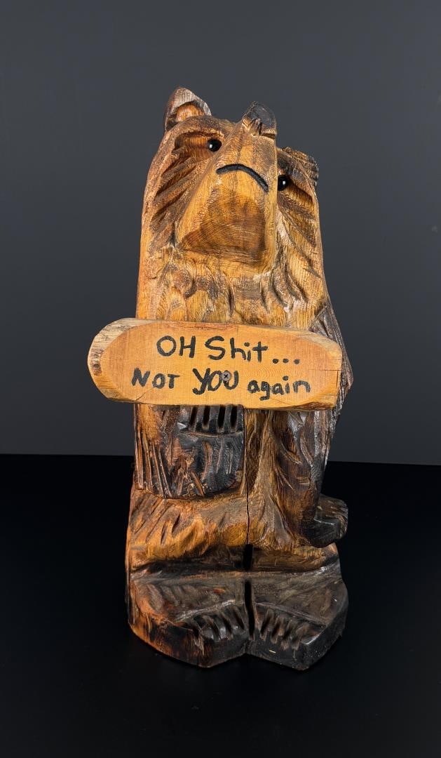Montana Oh Shit Chainsaw Carved Bear: 20 1/8" by 9 1/2" by 9".