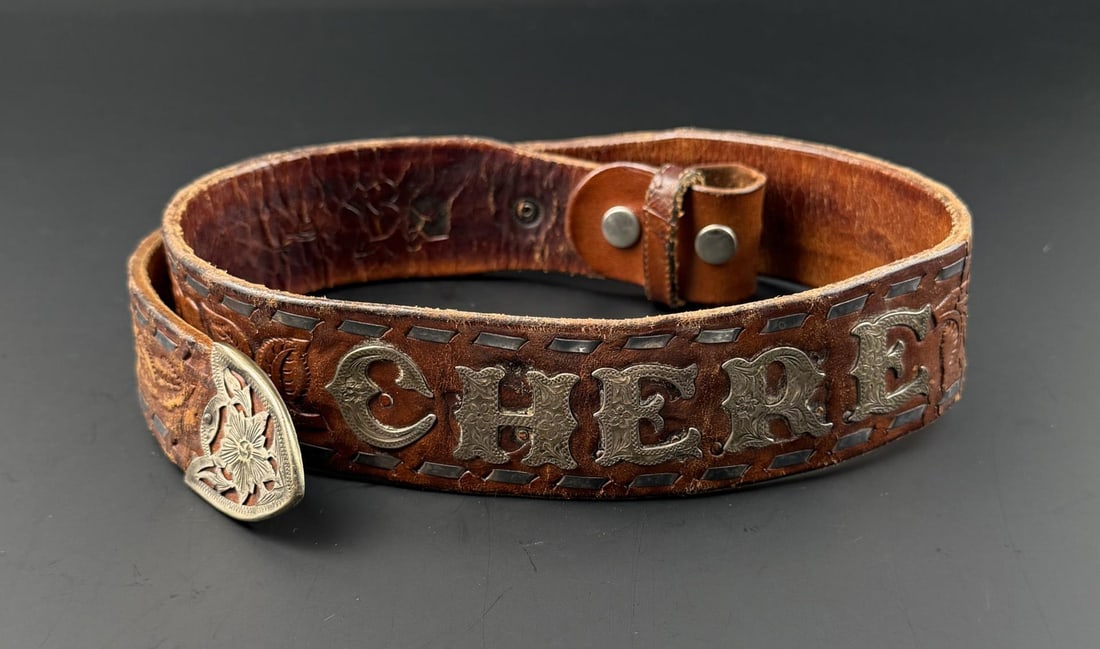 Sterling Silver Tooled Leather Cowgirl Belt: 35 1/2" Long. Personalized for Chere.