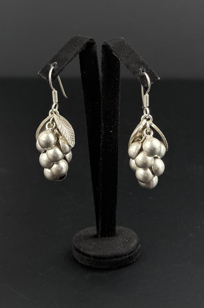 Taxco Mexico Sterling Grape Earrings: 1 3/4" long. 20.34 grams.