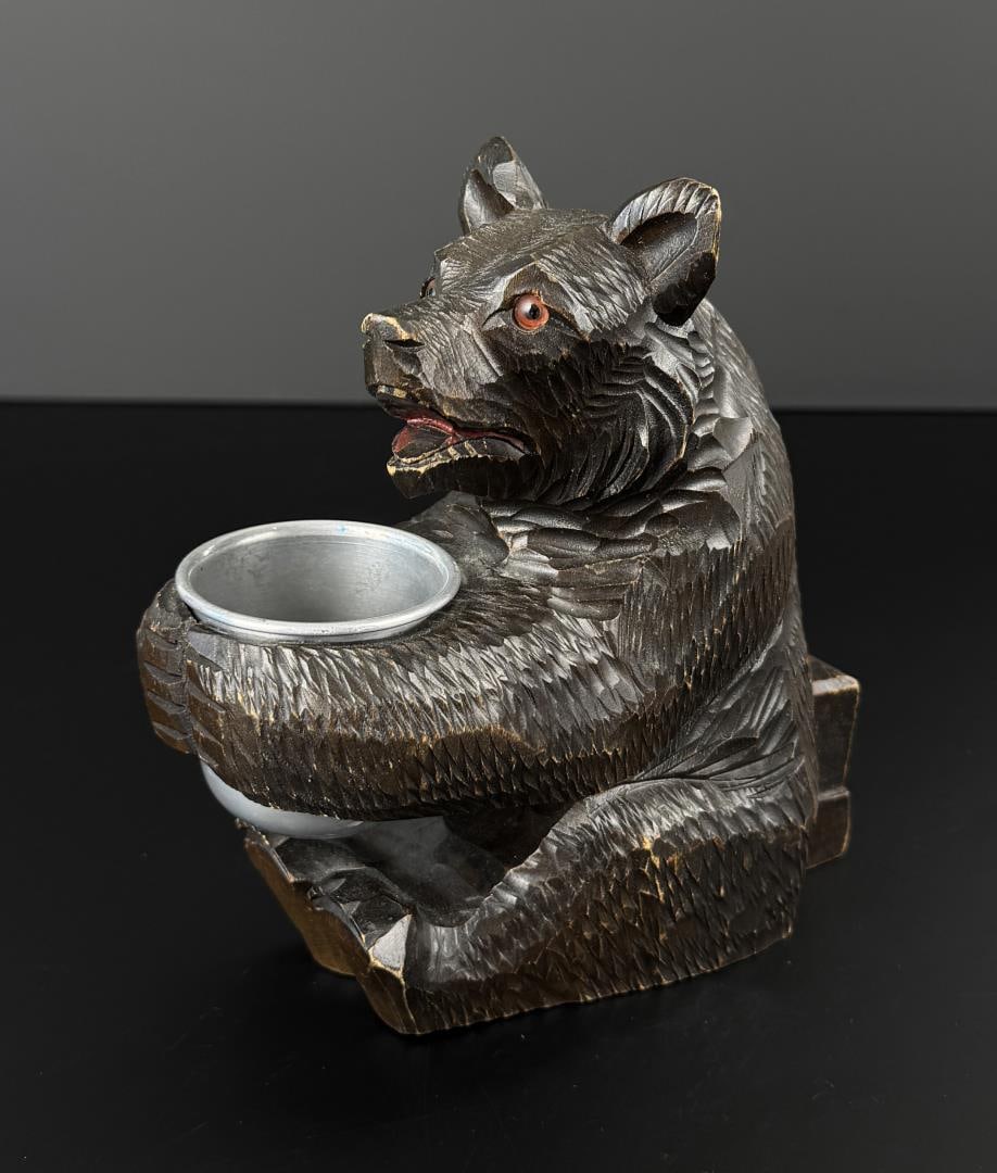 Black Forest Bear Wood Carved Match Holder: 6 1/4" by 6" by 2 7/8".
