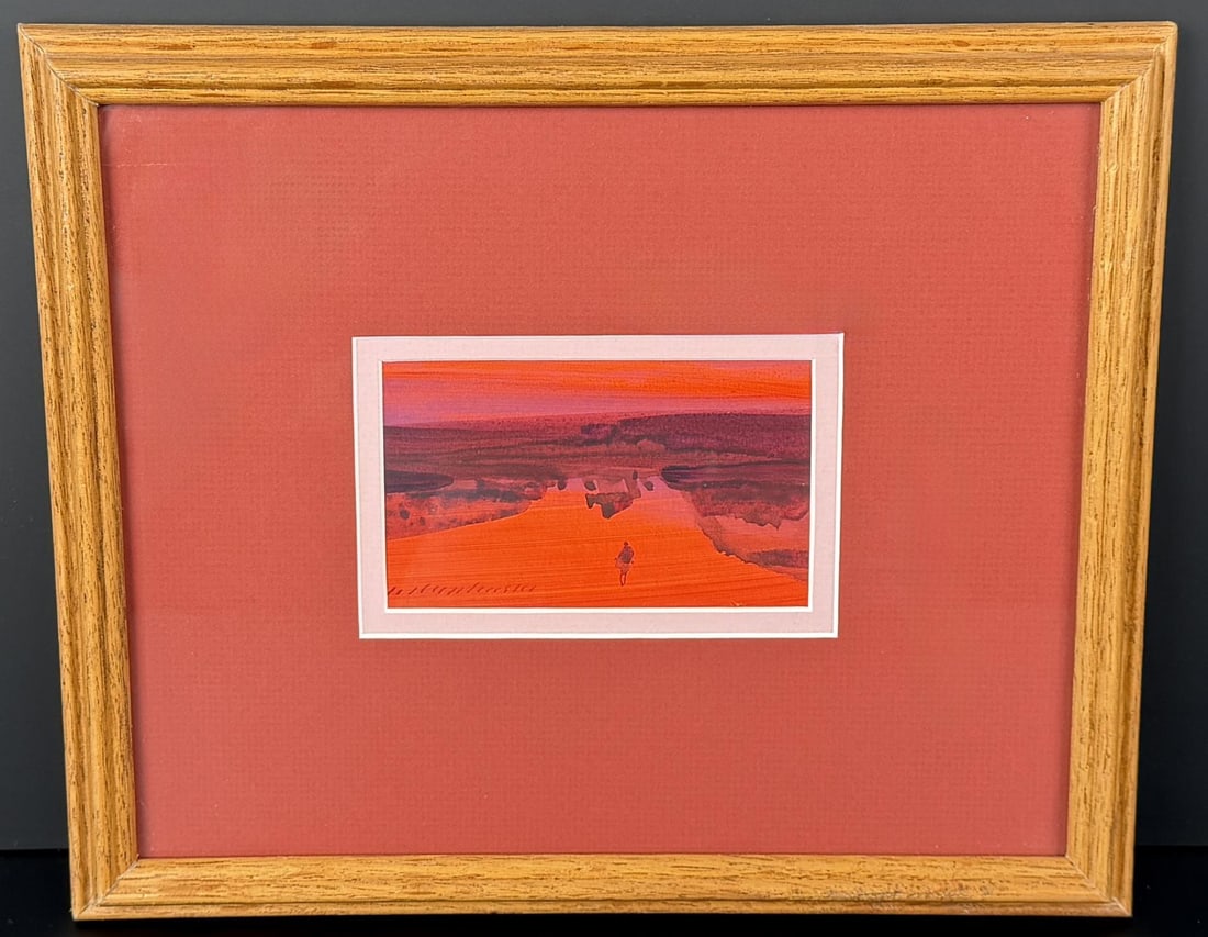 Buffalo Kaplinski Sky Man Watercolor Painting: Title is Sky Man. 4" by 2 1/2" unframed. 9" by 11" framed. Watercolor on paper. Buffalo Kaplinski (Born 1943) is active/lives in Colorado, Illinois. Buffalo Kaplinski is known for Mod mountain landsca