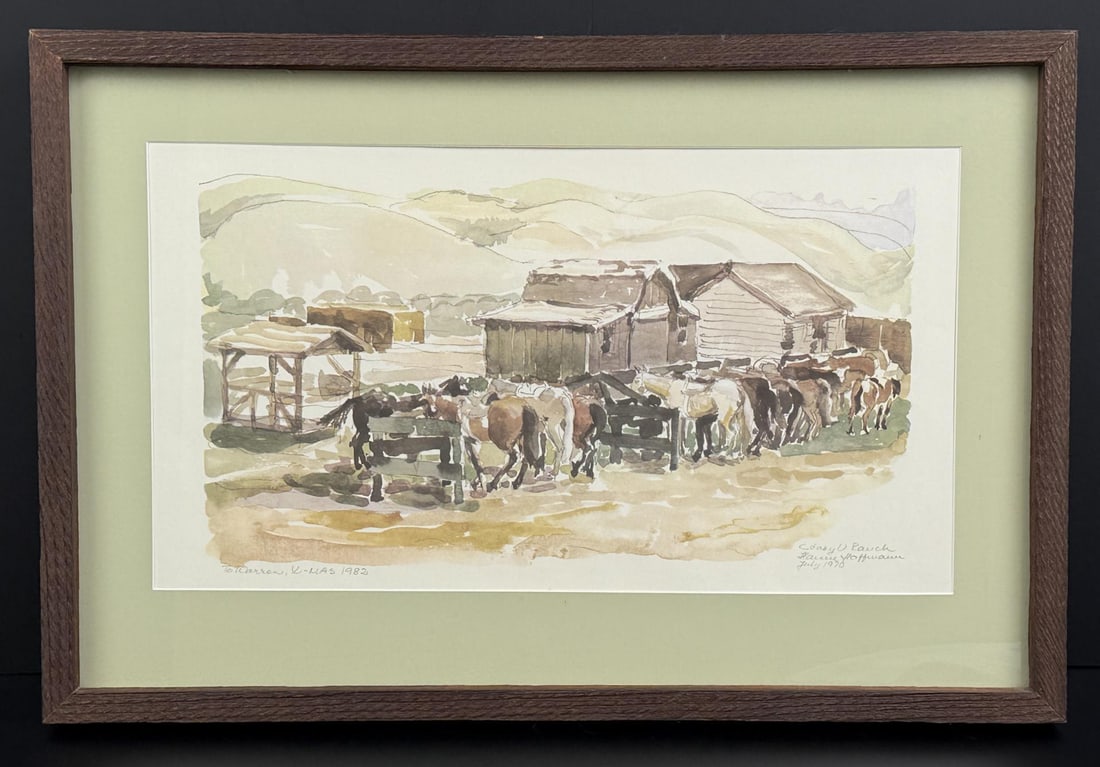 Western Ranch Landscape Watercolor: 19" by 10" unframed. 24" by 16" framed. July 1970. Watercolor on paper. Artists are C. Mary Rauche and Laurie Hoffman.