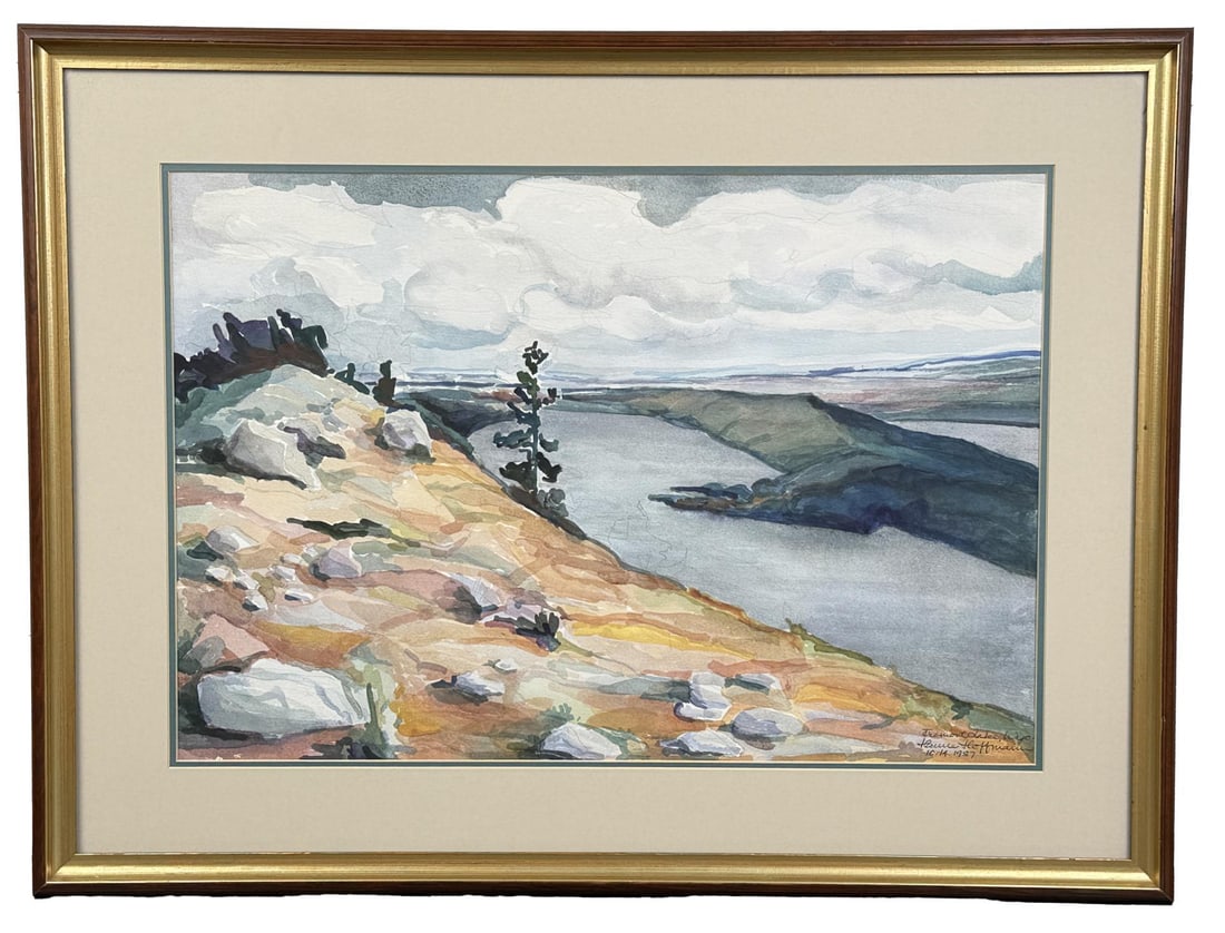 Laura Hoffman Freemont Lake Wyoming Watercolor: 21" by 14" unframed. 28" by 21" framed. Watercolor on paper. Signed lower right. 1987.