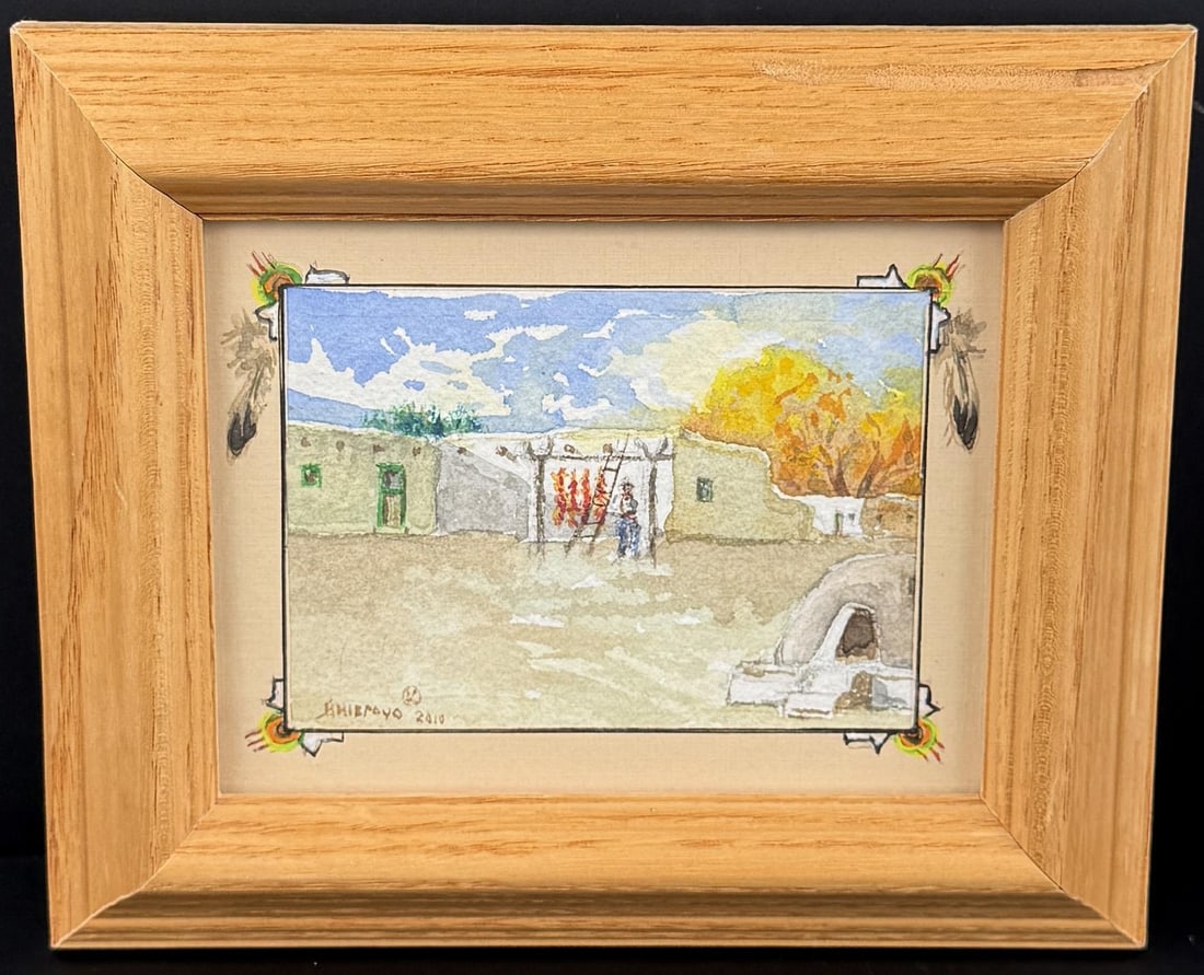 Ed Jojola Chile Harvest Watercolor: Title is Chile Harvest. 4" by 3" unframed. 6 7/8" by 5 7/8" framed. Watercolor on paper. Ed Jojola. Born 1938. Known for: Landscape, Native American/Indian, wildlife and miniature painting. Ed Jojola,