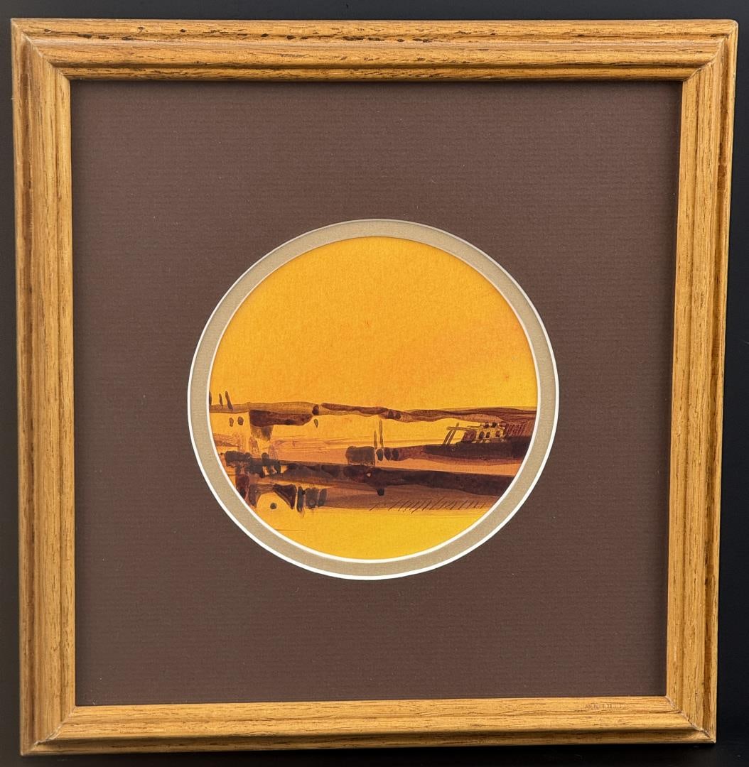 Buffalo Kaplinski Indian Village Painting: Title is Indian Village. 5" by 5" unframed. 9 7/8" by 9 1/2" framed. Watercolor on paper. Buffalo Kaplinski (Born 1943) is active/lives in Colorado, Illinois. Buffalo Kaplinski is known for Mod mounta