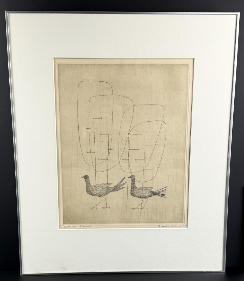 Keiko Minami Birds in the Woods Etching: Oiseaux dans les Bois. 19 1/4" by 23 1/4" framed.