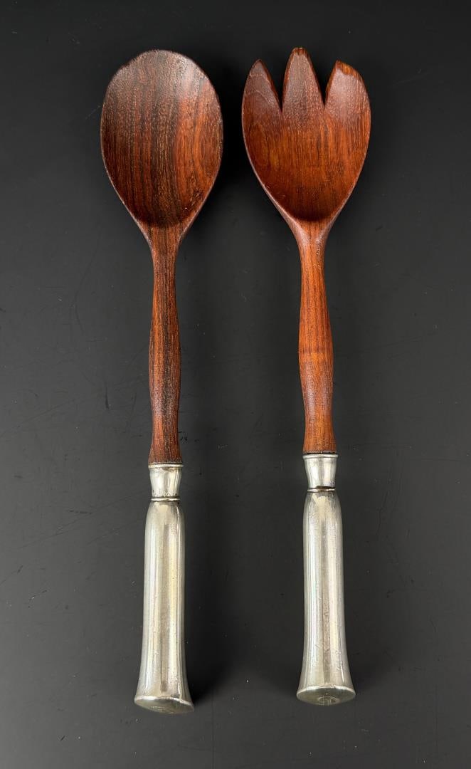 Sterling Silver Wood Salad Serving Set: Nice Set. 10 7/8" Long.
